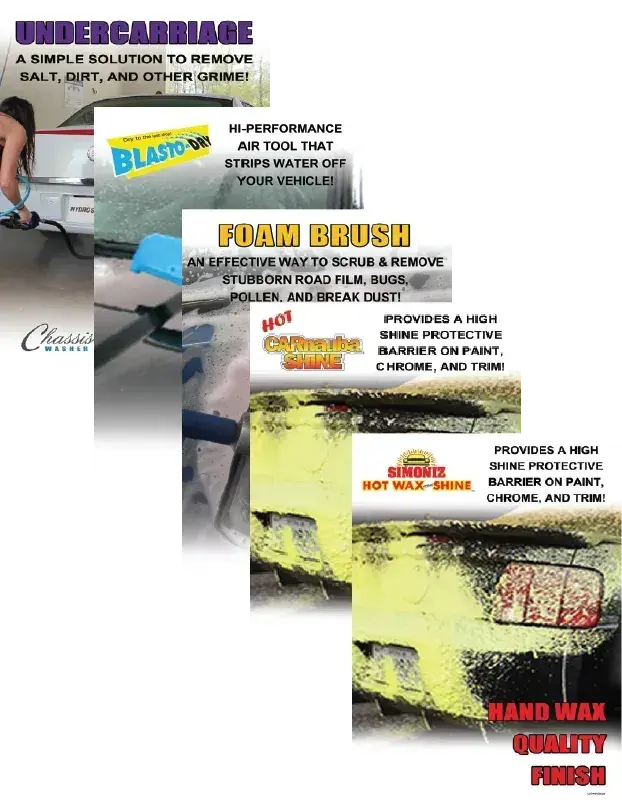 Array of vibrant car wash feature signs advertising wash applications.