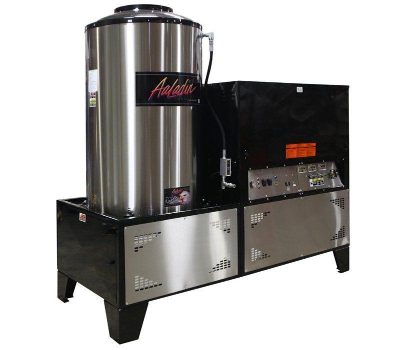 Aaladin stainless steel stationary pressure washer with powder coated frame and control panel