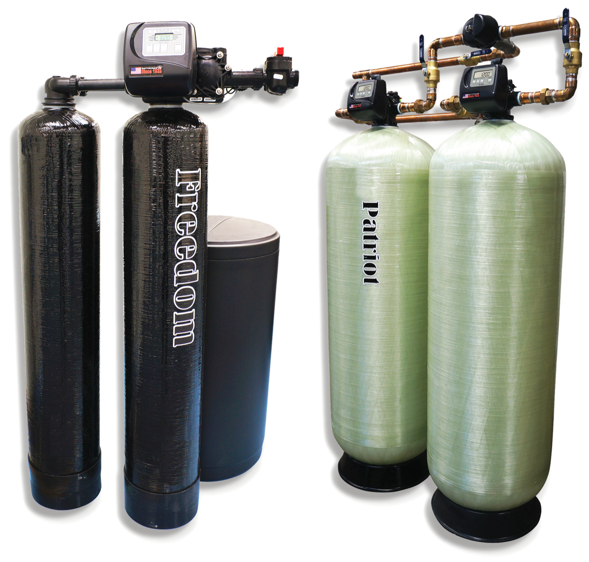 Twin tank commercial water softener system on a black base.
